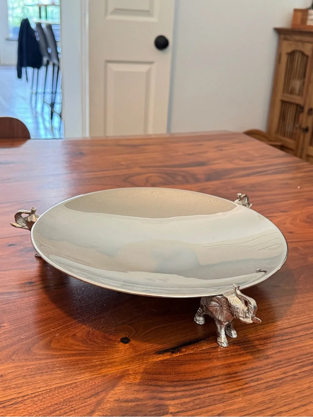 Silver Metal 12 in. Round Decorative Tray with Elephants 12.5”